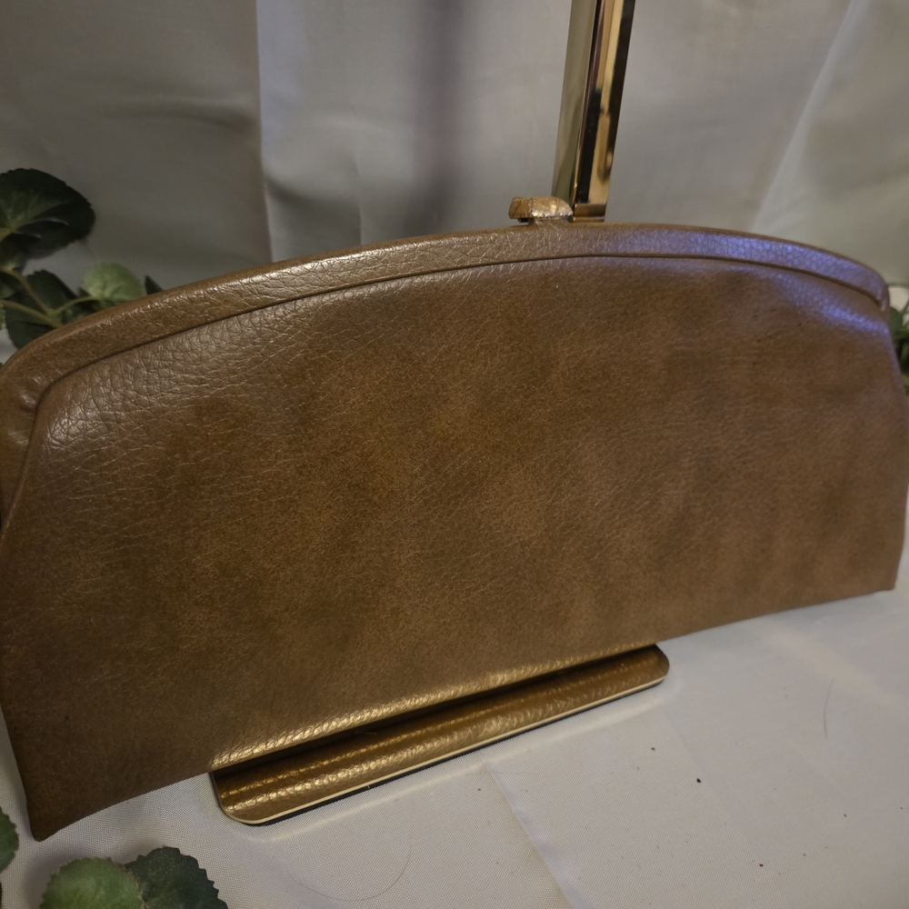 Vintage 70s Frame Clutch Bronze Faux Leather Kiss Lock Evening Bag
